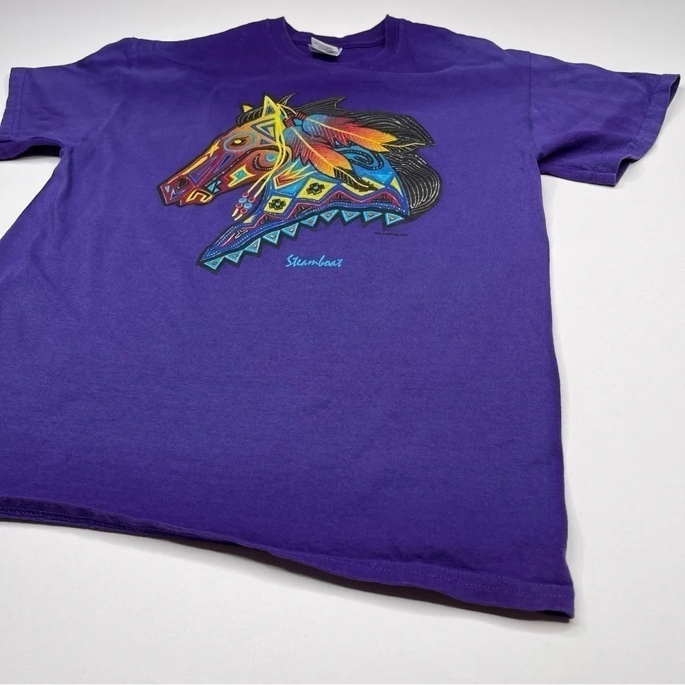 Vintage Gildan Tee Horse Equestrian Tribal Feather Purple Western Southwest - Picture 3 of 13